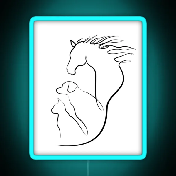 Horse Dog And Cat In One Line Art RGB Neon Sign