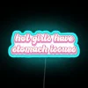 Vibrant neon sign with bold pink text about female digestive issues