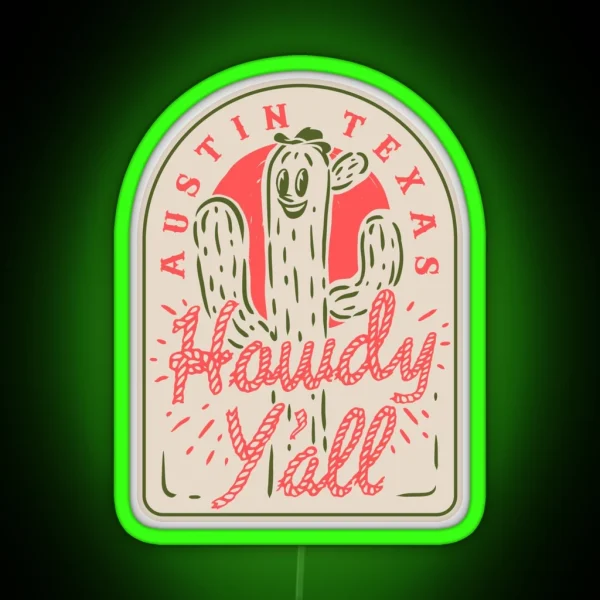 HOWDY YALL Austin Texas Vintage Rope Text Green Cactus Smiling Prick And Retro Red Sun Tan Sand Background RGB Neon Sign