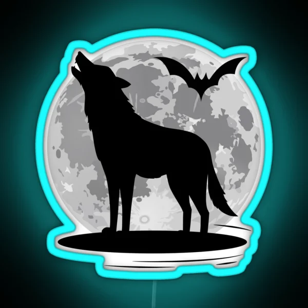 Howling Wolf And Bat At Full Moon RGB Neon Sign