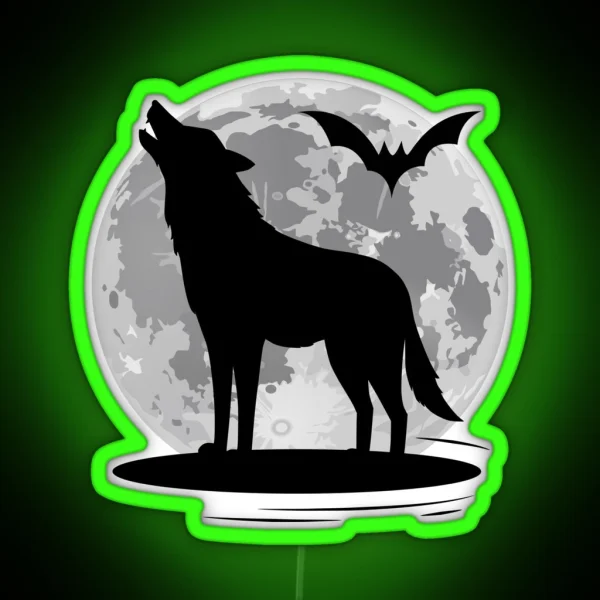 Howling Wolf And Bat At Full Moon RGB Neon Sign