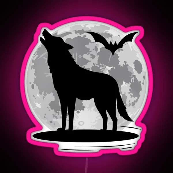 Howling Wolf And Bat At Full Moon RGB Neon Sign