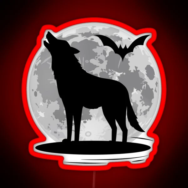 Howling Wolf And Bat At Full Moon RGB Neon Sign