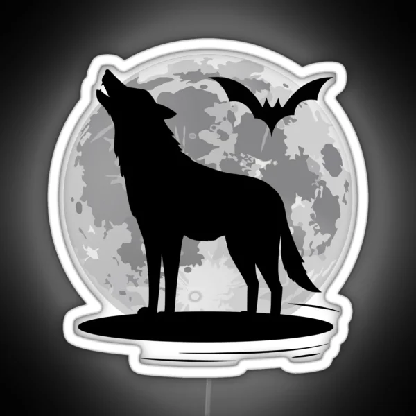 Howling Wolf And Bat At Full Moon RGB Neon Sign