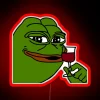 Brightly lit neon wall decor with Pepe drinking wine design
