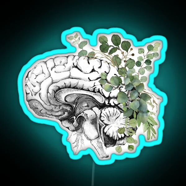 Human Brain Illustration With Eucaliptus Leaves Brain RGB Neon Sign
