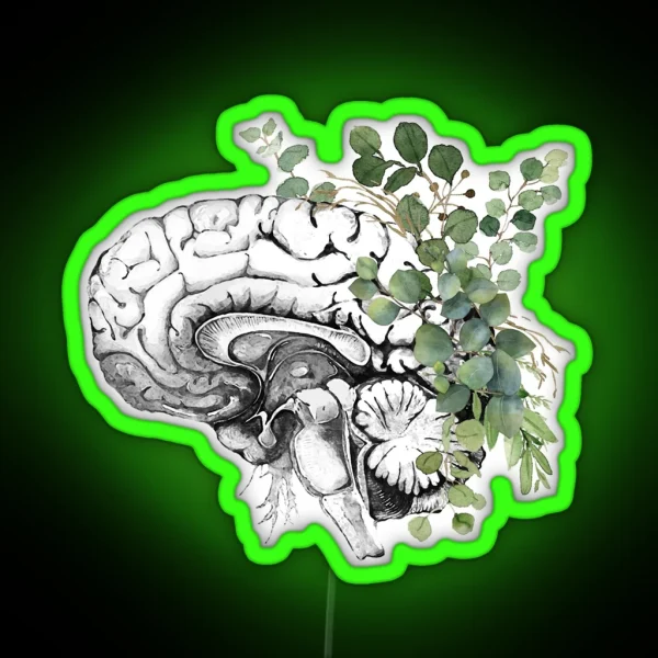 Human Brain Illustration With Eucaliptus Leaves Brain RGB Neon Sign