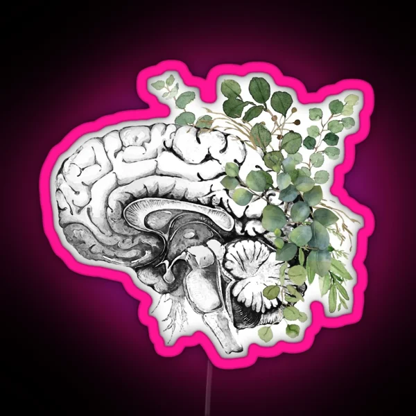 Human Brain Illustration With Eucaliptus Leaves Brain RGB Neon Sign