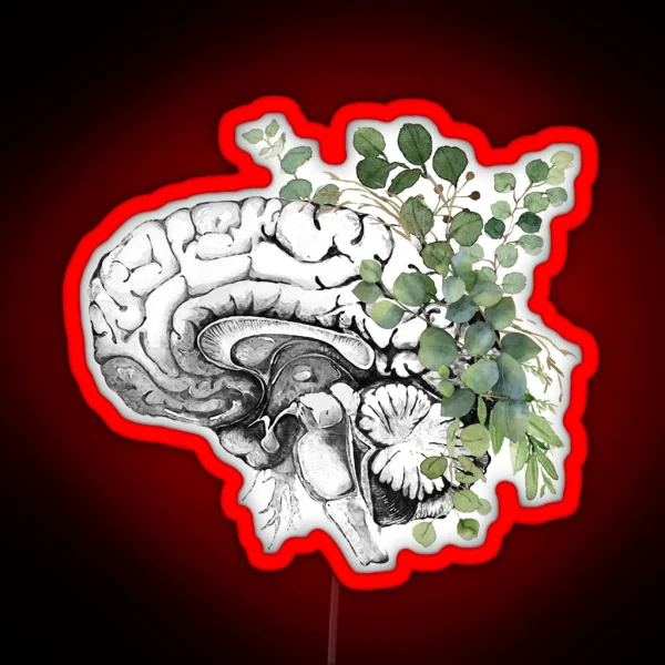 Human Brain Illustration With Eucaliptus Leaves Brain RGB Neon Sign