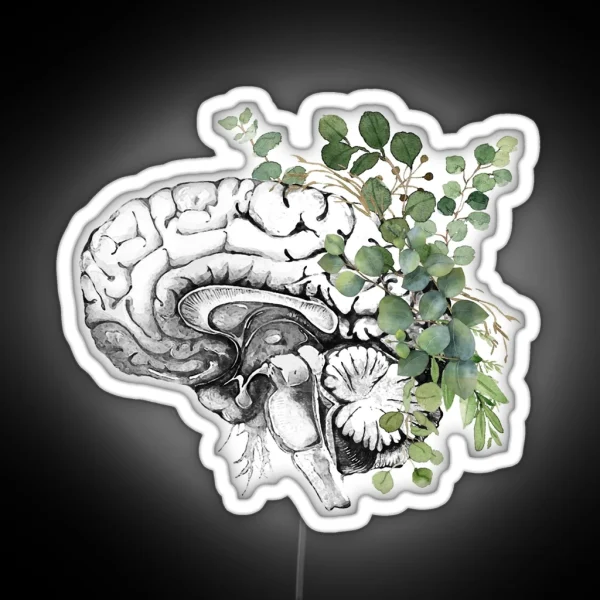 Human Brain Illustration With Eucaliptus Leaves Brain RGB Neon Sign