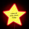 Motivational wall decor with RGB neon lights, chores completed vibe.