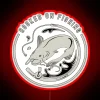 Neon fishing badge with colorful graphics and illuminated LED accents.