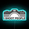 Neon photography studio sign with bold RGB I Shoot People design