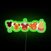 Vibrant RGB neon dessert bar sign with waffle and ice cream.