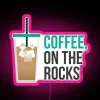 Neon sign featuring colorful ice cubes in iced coffee glass.