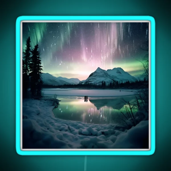 Iceland Landscape With Aurora Night Sky In Long RGB Neon Sign