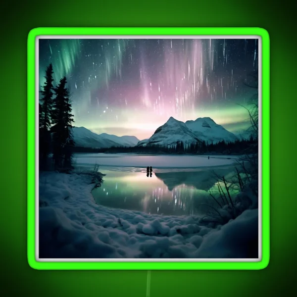 Iceland Landscape With Aurora Night Sky In Long RGB Neon Sign