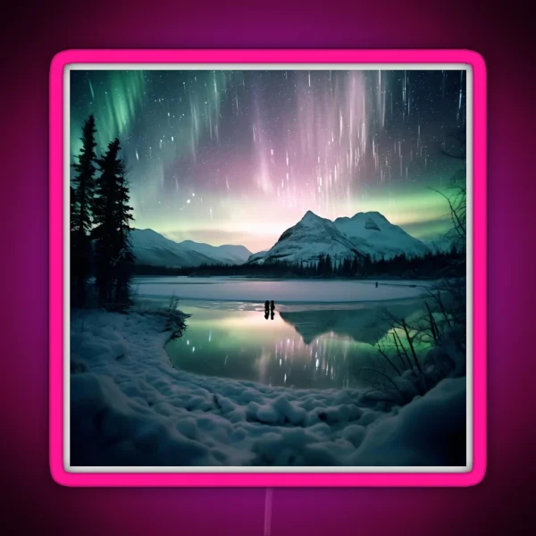 Iceland Landscape With Aurora Night Sky In Long RGB Neon Sign