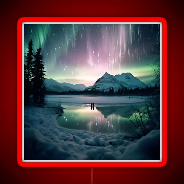 Iceland Landscape With Aurora Night Sky In Long RGB Neon Sign