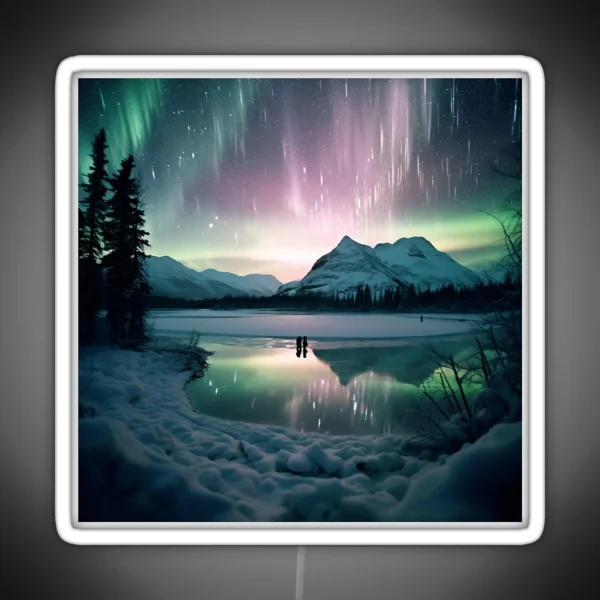 Iceland Landscape With Aurora Night Sky In Long RGB Neon Sign