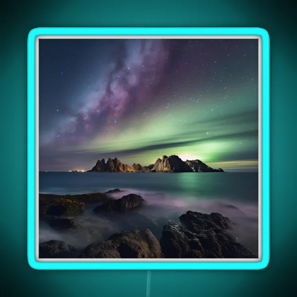 Iceland Landscape With Aurora Night Sky In RGB Neon Sign