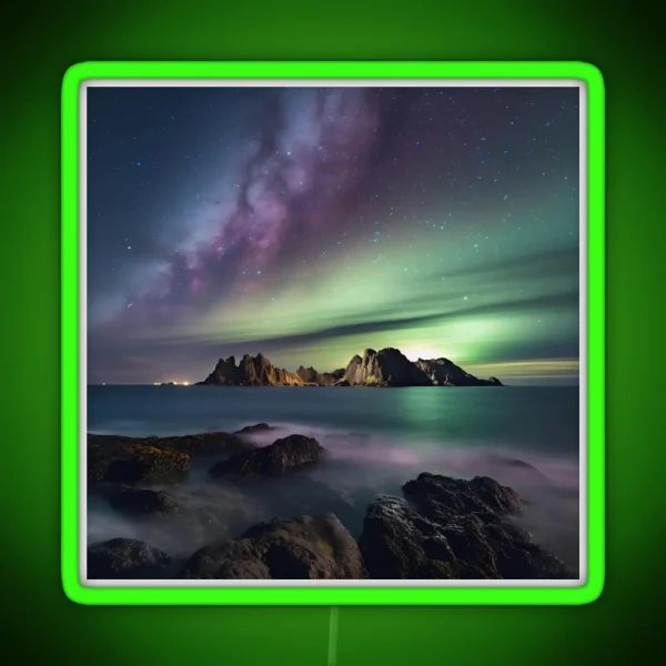Iceland Landscape With Aurora Night Sky In RGB Neon Sign