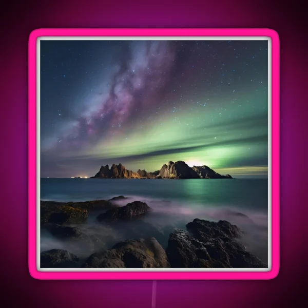 Iceland Landscape With Aurora Night Sky In RGB Neon Sign