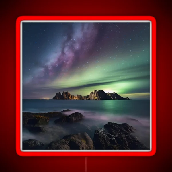 Iceland Landscape With Aurora Night Sky In RGB Neon Sign