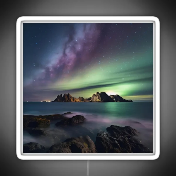 Iceland Landscape With Aurora Night Sky In RGB Neon Sign