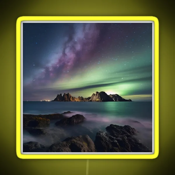 Iceland Landscape With Aurora Night Sky In RGB Neon Sign