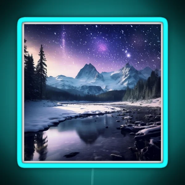 Iceland Landscape With Aurora Night Sky In Long RGB Neon Sign