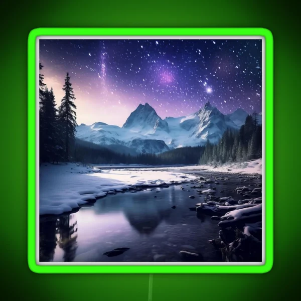 Iceland Landscape With Aurora Night Sky In Long RGB Neon Sign