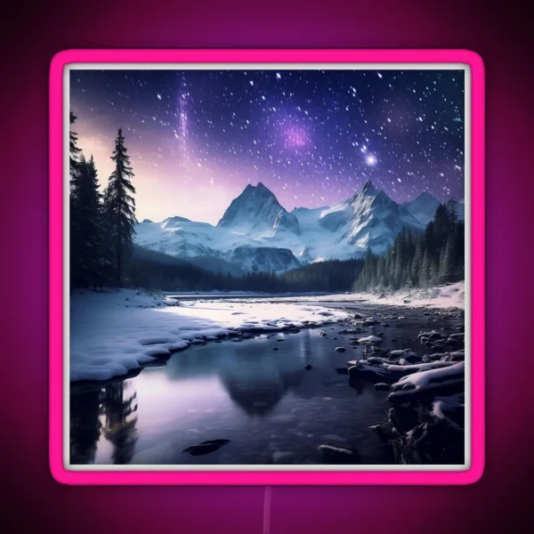 Iceland Landscape With Aurora Night Sky In Long RGB Neon Sign