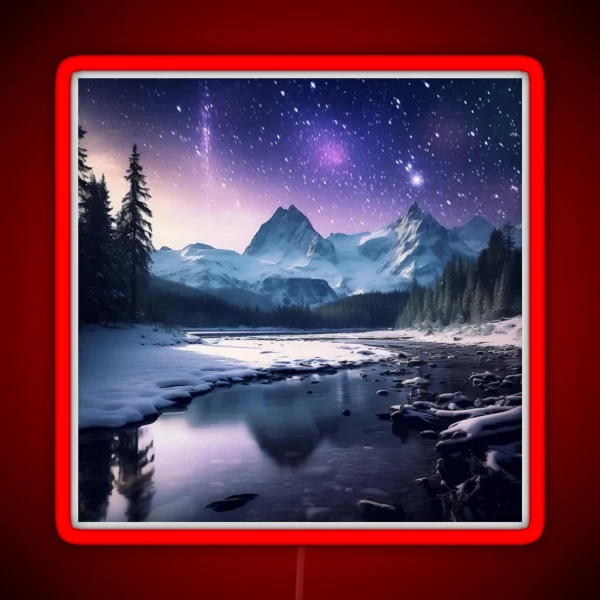 Iceland Landscape With Aurora Night Sky In Long RGB Neon Sign