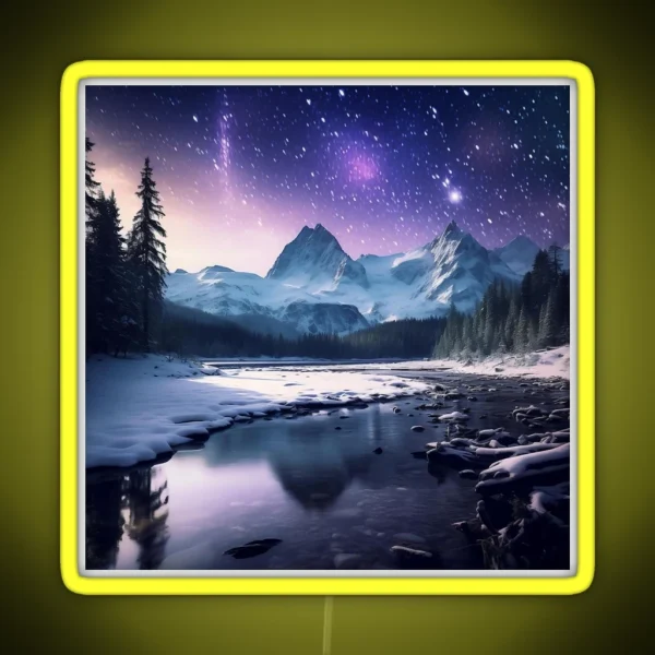 Iceland Landscape With Aurora Night Sky In Long RGB Neon Sign