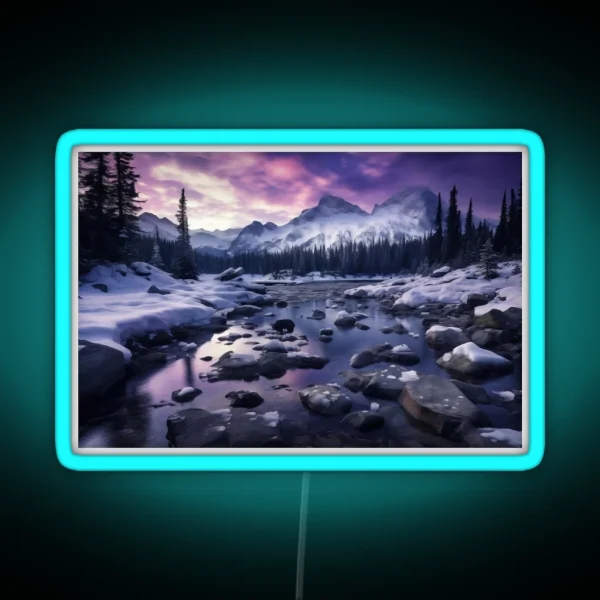 Iceland Landscape With Aurora Night Sky In Long RGB Neon Sign