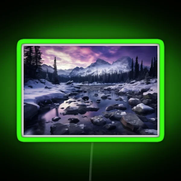 Iceland Landscape With Aurora Night Sky In Long RGB Neon Sign