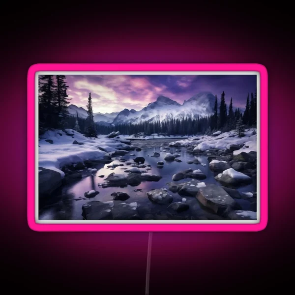 Iceland Landscape With Aurora Night Sky In Long RGB Neon Sign