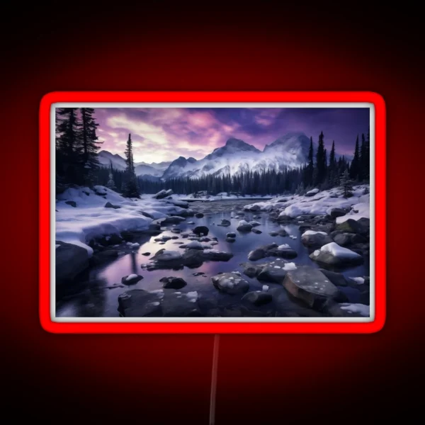 Iceland Landscape With Aurora Night Sky In Long RGB Neon Sign