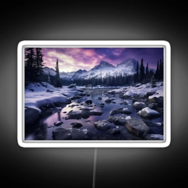 Iceland Landscape With Aurora Night Sky In Long RGB Neon Sign