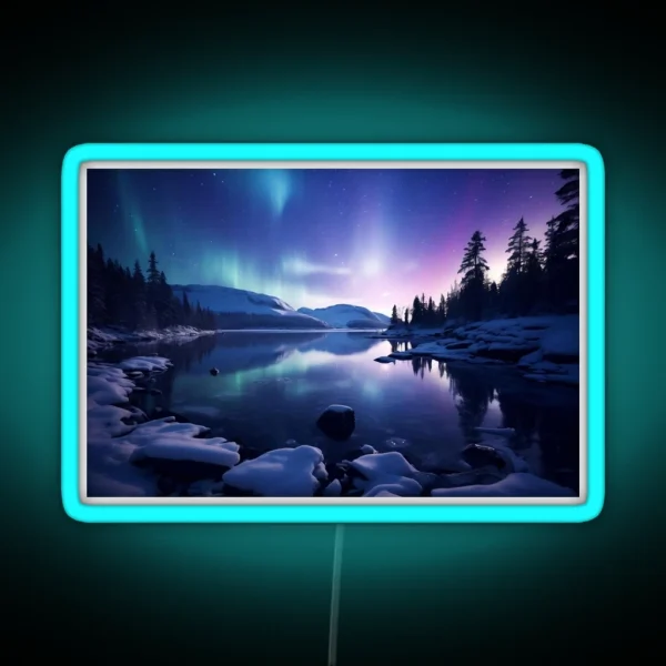 Iceland Landscape With Aurora Night Sky In Long RGB Neon Sign