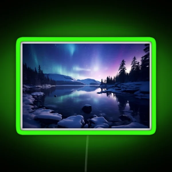 Iceland Landscape With Aurora Night Sky In Long RGB Neon Sign