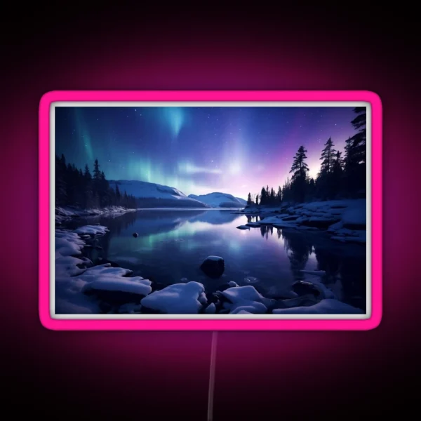 Iceland Landscape With Aurora Night Sky In Long RGB Neon Sign