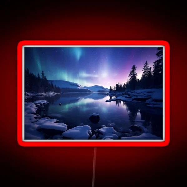 Iceland Landscape With Aurora Night Sky In Long RGB Neon Sign