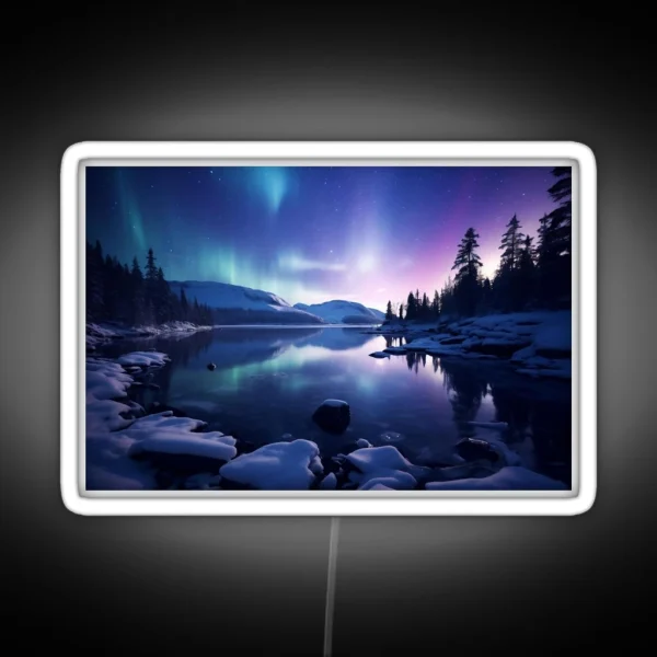 Iceland Landscape With Aurora Night Sky In Long RGB Neon Sign