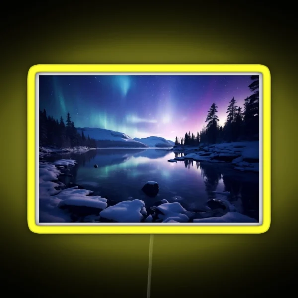 Iceland Landscape With Aurora Night Sky In Long RGB Neon Sign