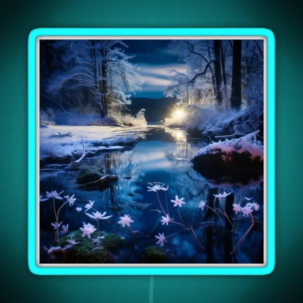 Iceland Landscape With Aurora Night Sky In Long RGB Neon Sign