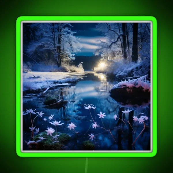 Iceland Landscape With Aurora Night Sky In Long RGB Neon Sign