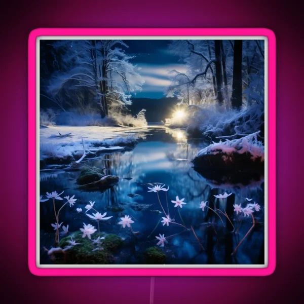 Iceland Landscape With Aurora Night Sky In Long RGB Neon Sign