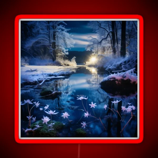 Iceland Landscape With Aurora Night Sky In Long RGB Neon Sign